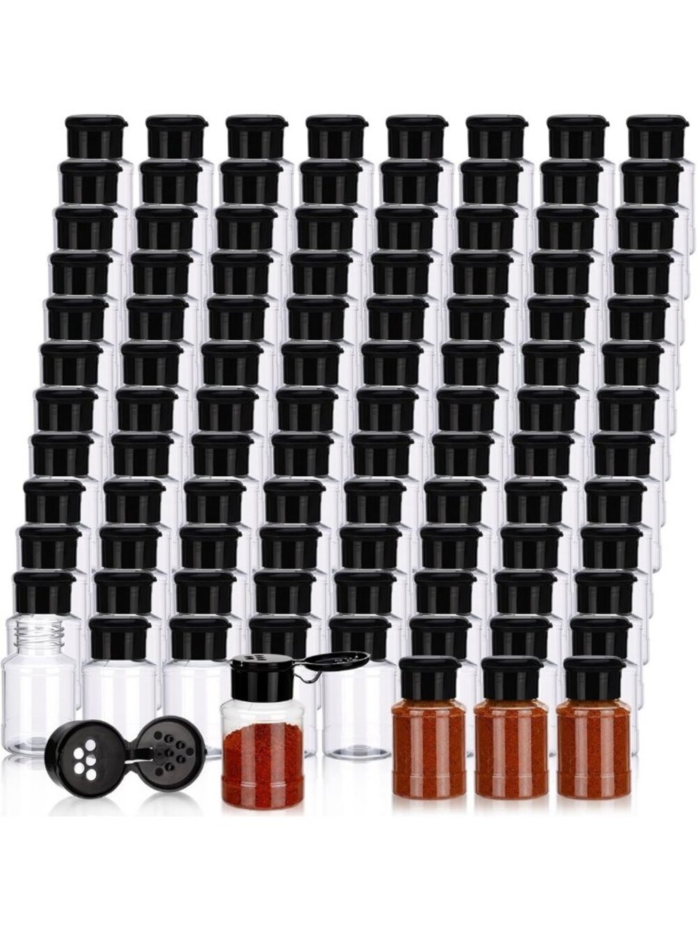 100 Plastic Spice Containers 2 Oz with Black Shaker Lids - Perfect for Kitchen
